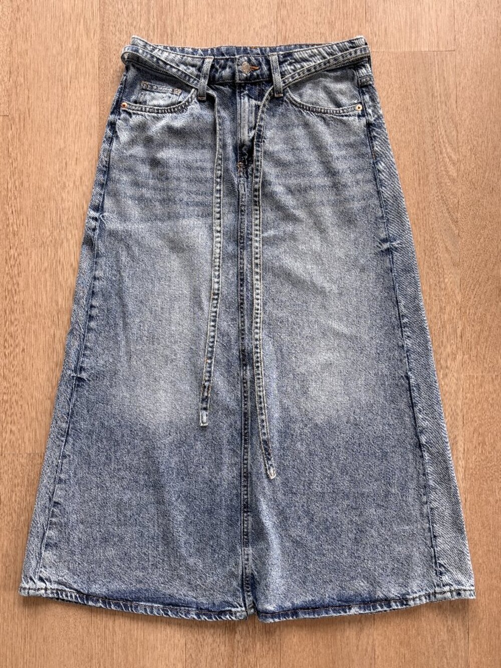 H&M Ankle Length Denim Maxi Skirt Belted Blue, 60% Cotton 40% Lyocell